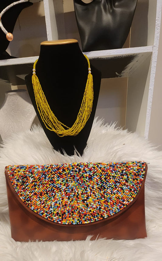 Leather Clutch Bag with Yellow Beads