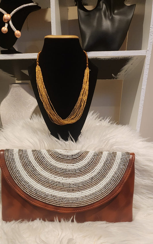 Leather Clutch Bag & Beads Set