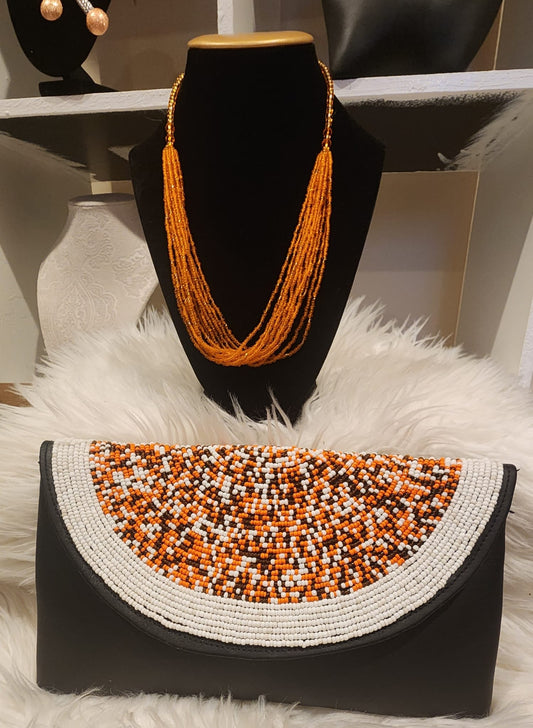 Leather Clutch Bag & Beads Set