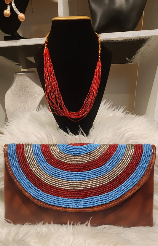 Leather Clutch Bag & Red Beads